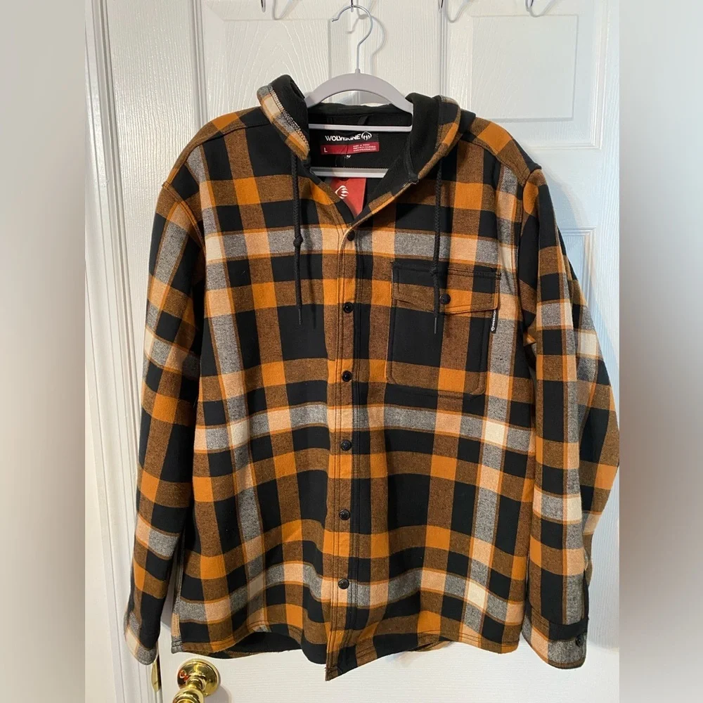 Wolverine Men's Large Black Orange Plaid Shirt Jacket with hood Christmas